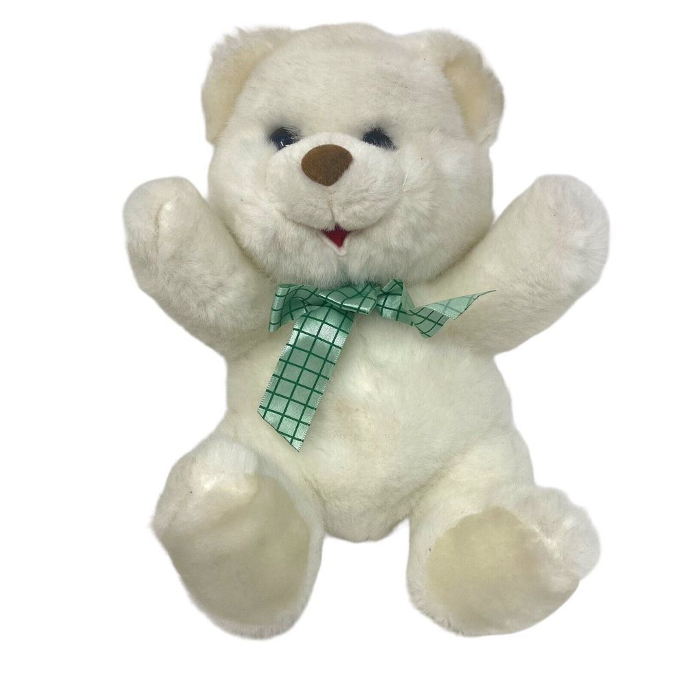 Cuddle Wit Plush‎ White Bear brown nose Green plaid Bow Stuffed Animal Toy 11”